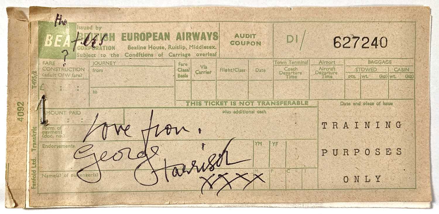 Lot 143 - THE BEATLES - A BEA FLIGHT TICKET SIGNED AND AMENDED BY GEORGE HARRISON.