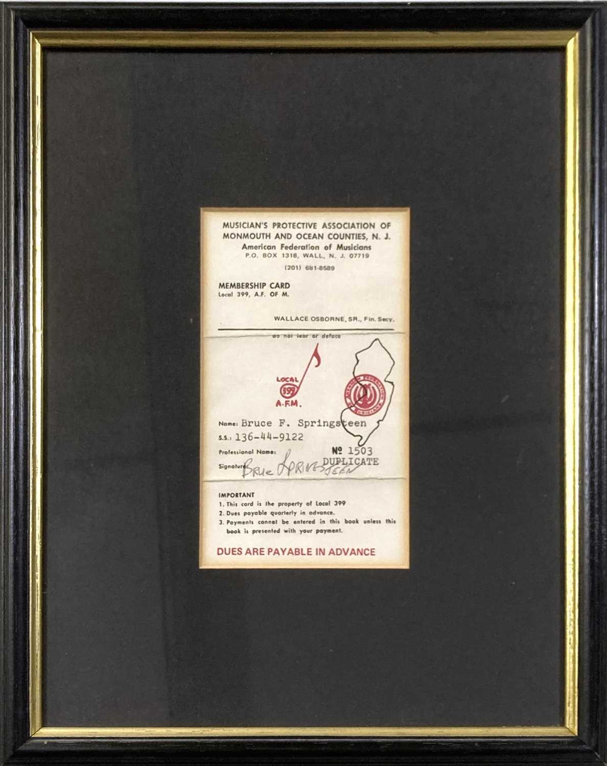 Lot 524 - BRUCE SPRINGSTEEN - MUSICIAN'S UNION MEMBERSHIP CARD.