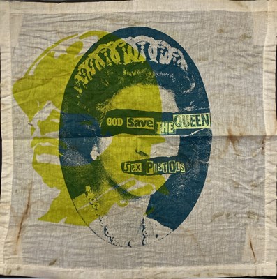 Lot 579 - THE SEX PISTOLS - AN ORIGINAL C 1977 JAMIE REID DESIGNED FABRIC PRINT.
