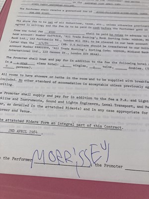 Lot 541 - CONTRACTS AND CONCERT BOOKING ARCHIVE - THE SMITHS INC MORRISSEY SIGNED CONTRACT, 1984.