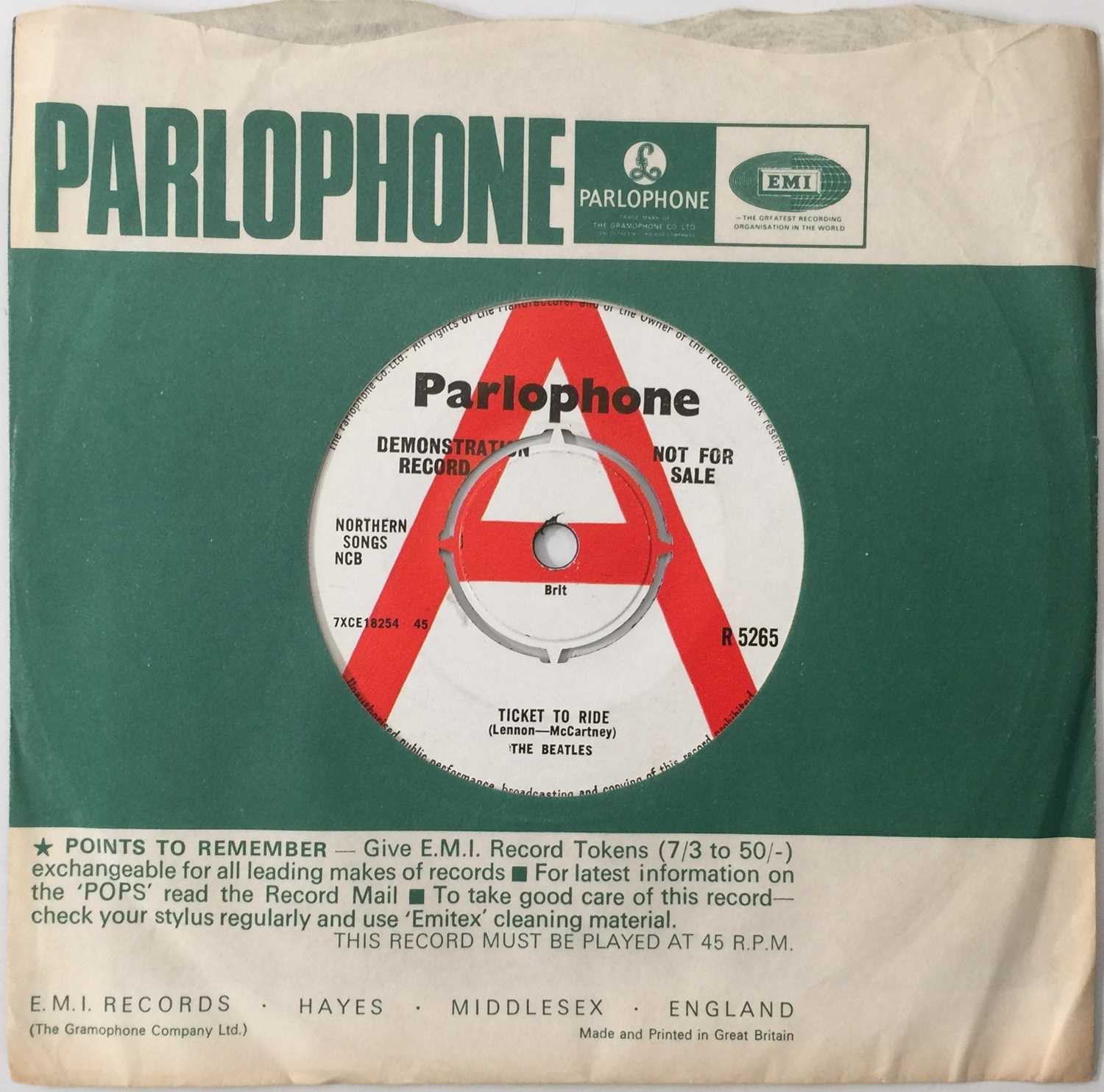Lot 68 - THE BEATLES - TICKET TO RIDE 7" - ORIGINAL UK DEMO (R 5265)