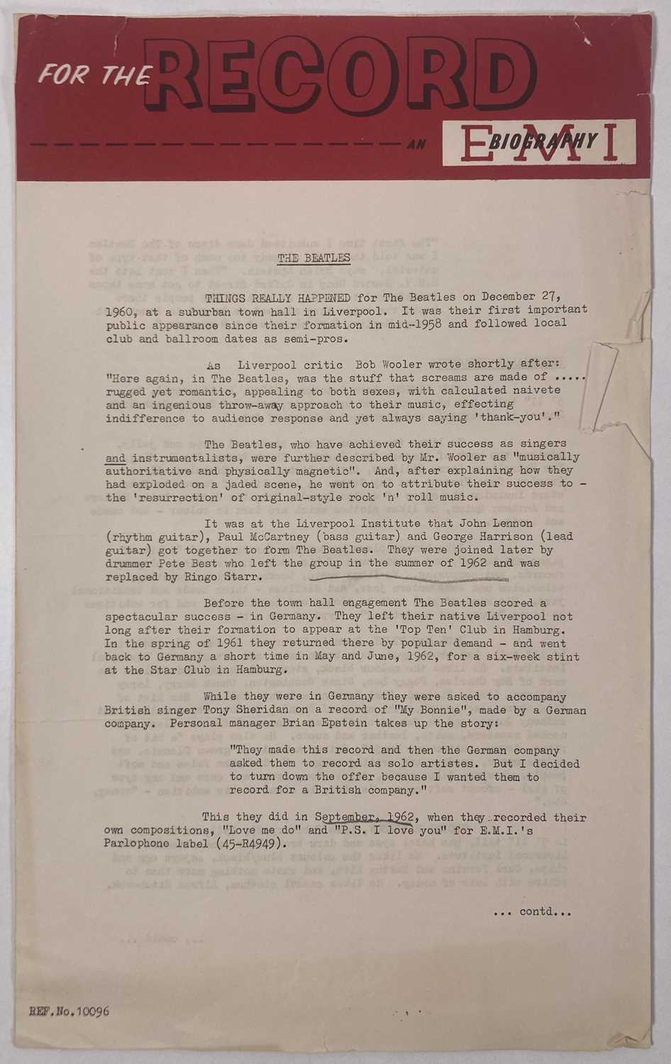 Lot 172 - THE BEATLES - THE FIRST PRESS RELEASE, OCT 1962.