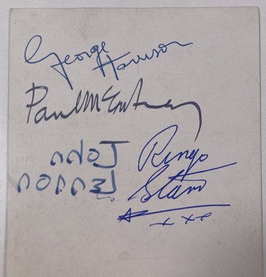 Lot 149 - THE BEATLES - A FULL SET OF AUTOGRAPHS INC WITH JOHN LENNON BACKWARD SIGNATURE.