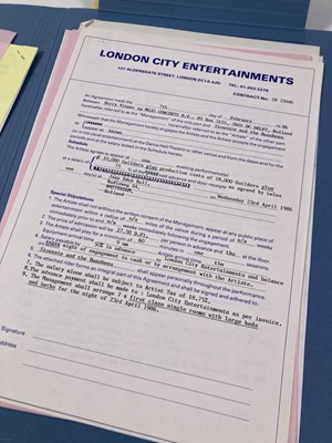Lot 564 - CONTRACTS AND CONCERT BOOKING ARCHIVE - SIOUXSIE AND THE BANSHEES - 1982-1991 WITH T-SHIRT.
