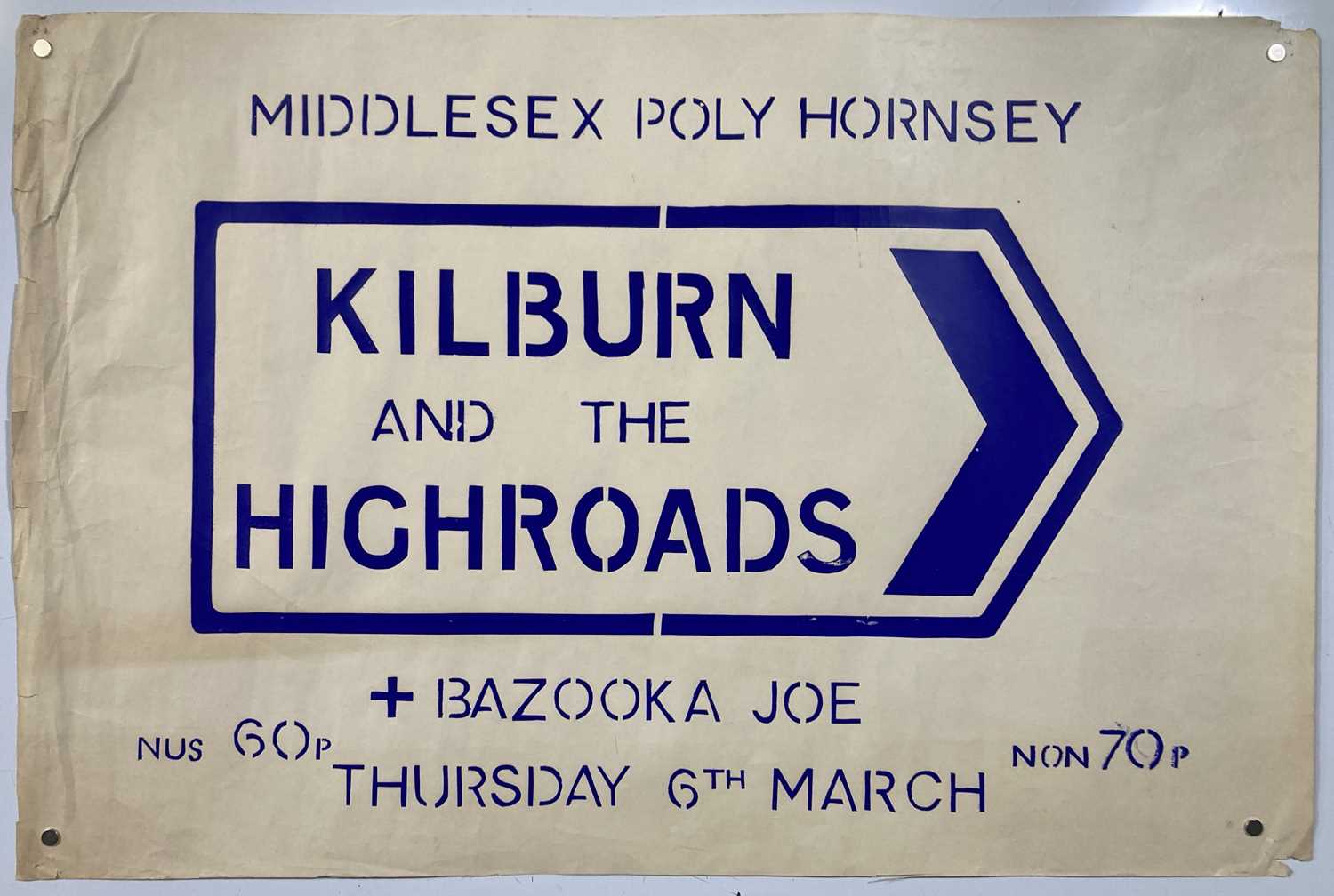 Lot 582 - IAN DURY INTEREST - A CONCERT POSTER FOR KILBURN AND THE HIGH ROADS.