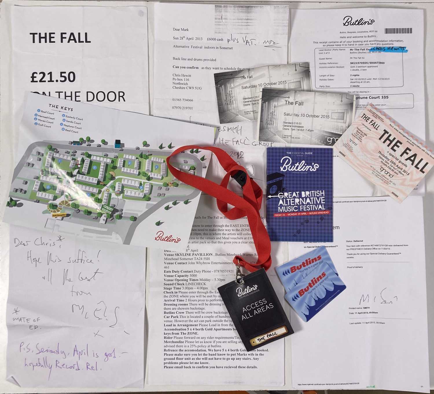 Lot 452 - MARK E SMITH / THE FALL - CORRESPONDENCE FROM MARK AND CONCERT EPHEMERA.