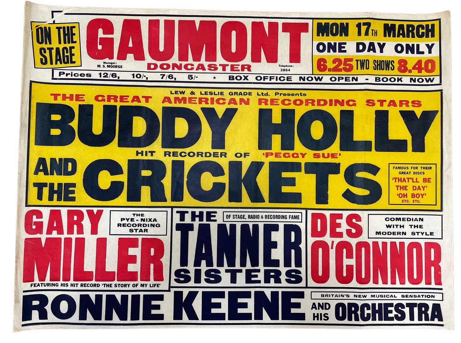 Lot 275 - BUDDY HOLLY AND THE CRICKETS - A RARE QUAD SIZE POSTER FOR THE DONCASTER GAUMONT, 1958.