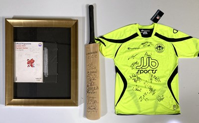 Lot 51 - SPORTING MEMORABILIA - SIGNED LANCASHIRE CRICKET BAT / WIGAN SHIRT / OLYMPICS PROGRAMME.