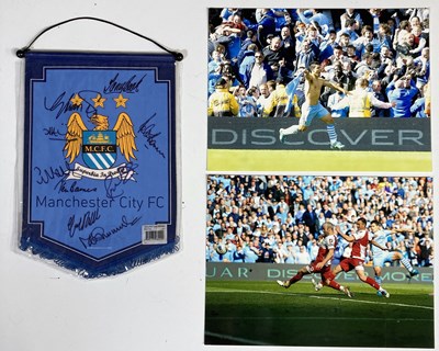 Lot 28 - FOOTBALL MEMORABILIA - MANCHESTER CITY SIGNED PENNANT / AGUERO GOAL PHOTOS.