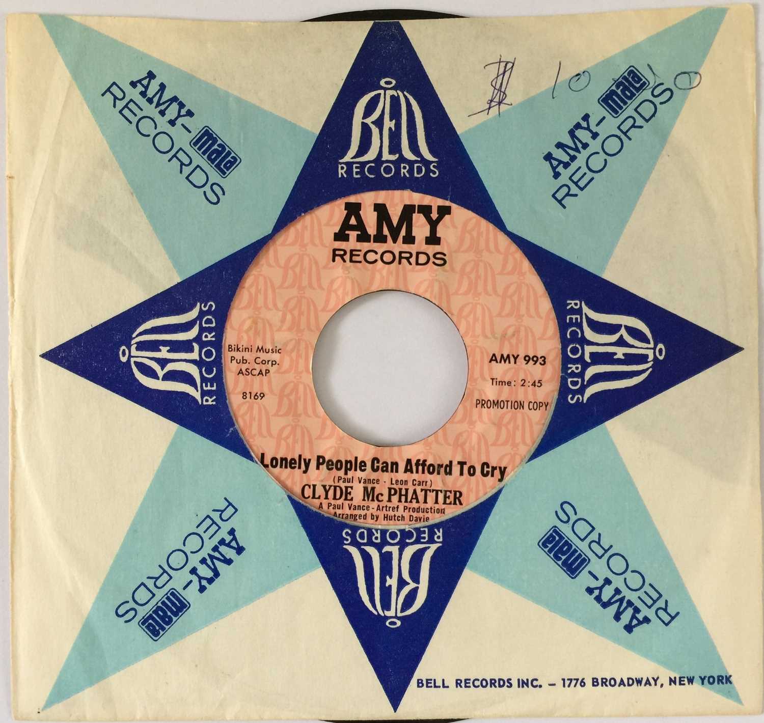 Lot 39 - CLYDE MCPHATTER - LONELY PEOPLE CAN AFFORD TO CRY/ I DREAMT I DIED 7" (US PROMO - AMY RECORDS 993)