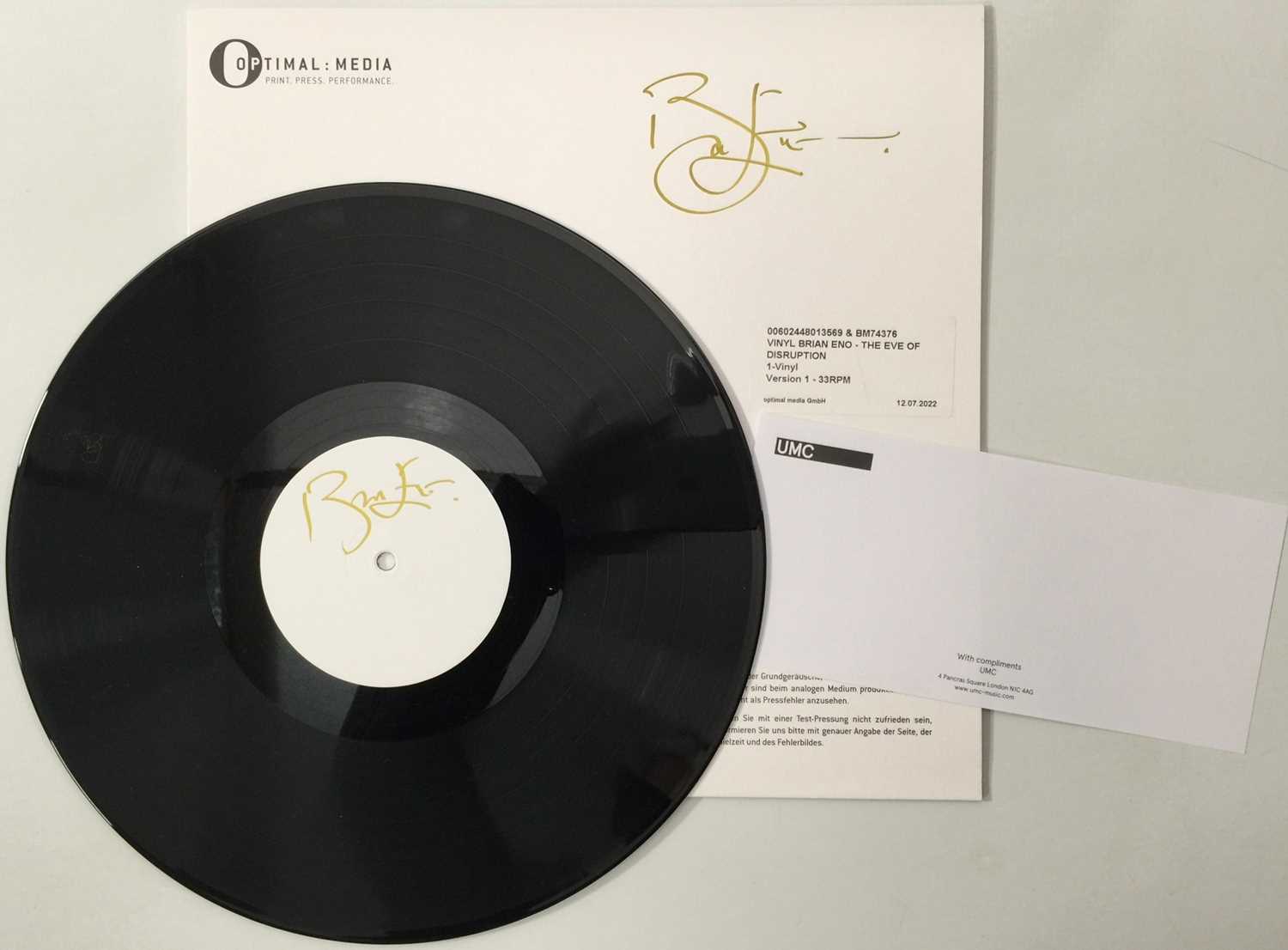 Lot 36 - BRIAN ENO - FOREVERANDEVERNOMORE (2022 WHITE LABEL TEST PRESSING - 4801356 - SIGNED BY ENO)