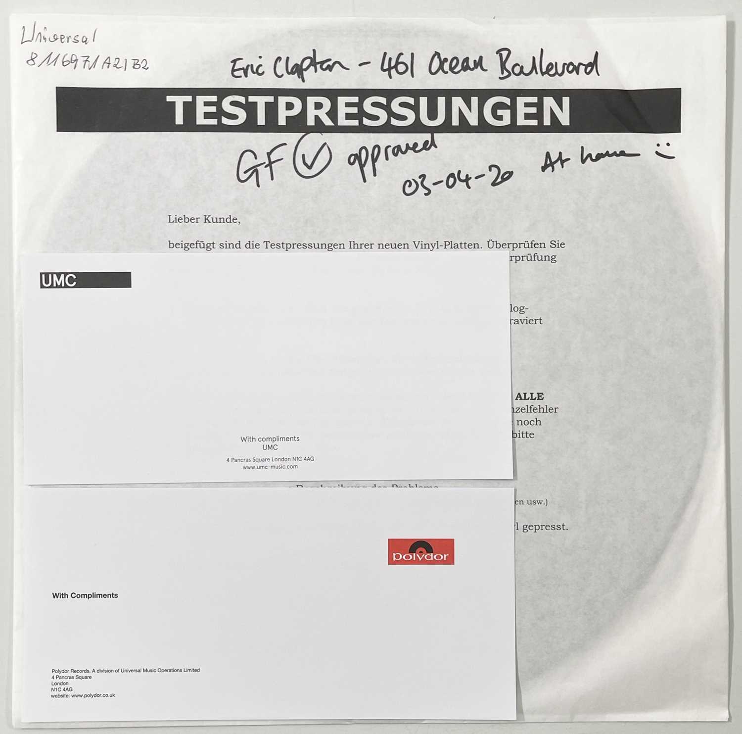 Lot 170 - ERIC CLAPTON - 461 OCEAN BOULEVARD (2020) WHITE LABEL TEST PRESSING.