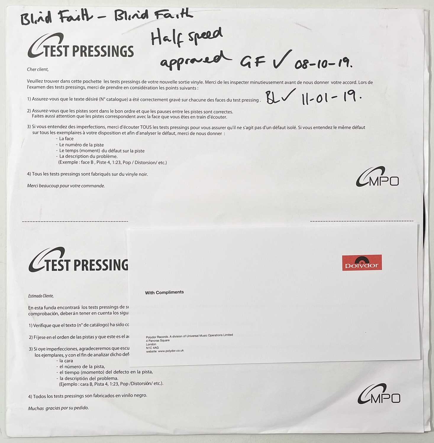 Lot 173 - BLIND FAITH - BLIND FAITH (2019, ARHSLP007) WHITE LABEL TEST PRESSING.