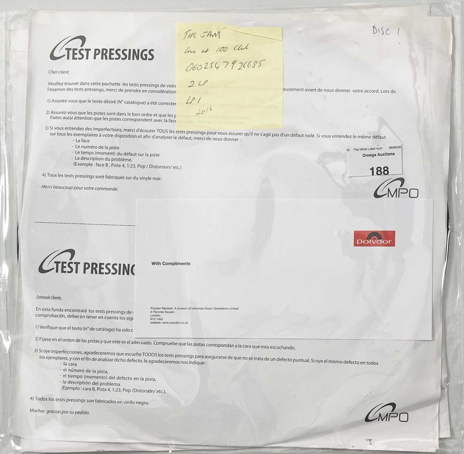 Lot 188 - THE JAM - LIVE AT 100 CLUB WHITE LABEL TEST PRESSING.