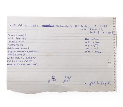 Lot 503 - MARK E. SMITH / THE FALL - HANDWRITTEN FALL SETLIST JAN 1978.