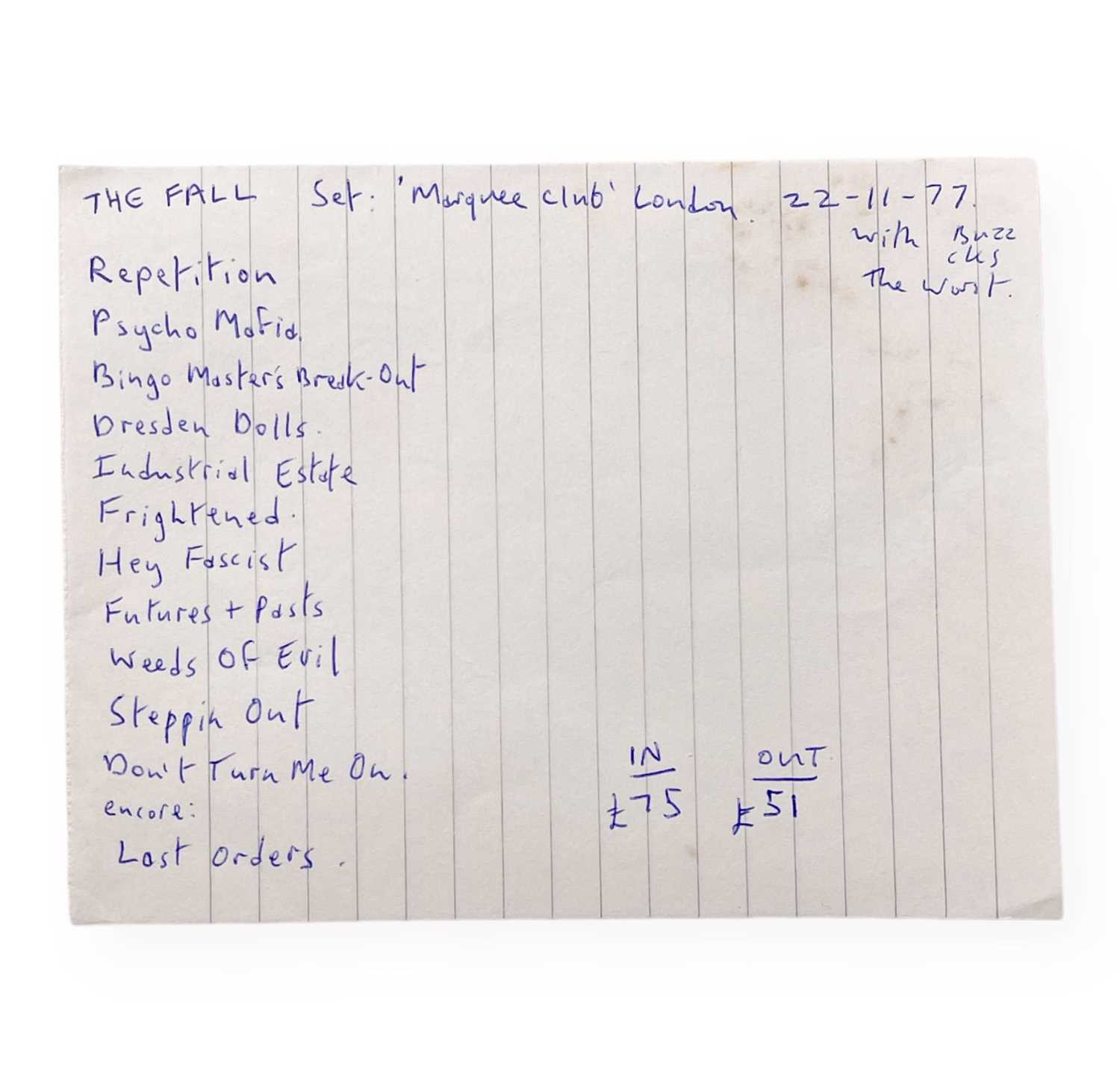 Lot 504 - MARK E. SMITH / THE FALL - HANDWRITTEN SET LIST FOT MARQUEE CLUB, NOV 1977.