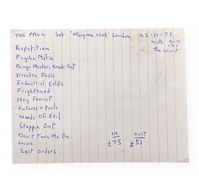 Lot 504 - MARK E. SMITH / THE FALL - HANDWRITTEN SET LIST FOT MARQUEE CLUB, NOV 1977.