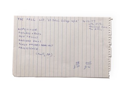Lot 507 - MARK E. SMITH / THE FALL - HANDWRITTEN SET LIST FOR ST. JOHN'S COLLEGE, 1977.