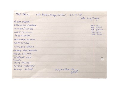 Lot 508 - MARK E. SMITH / THE FALL - HANDWRITTEN SET LIST FOR HEBDEN BRIDGE, 1978.