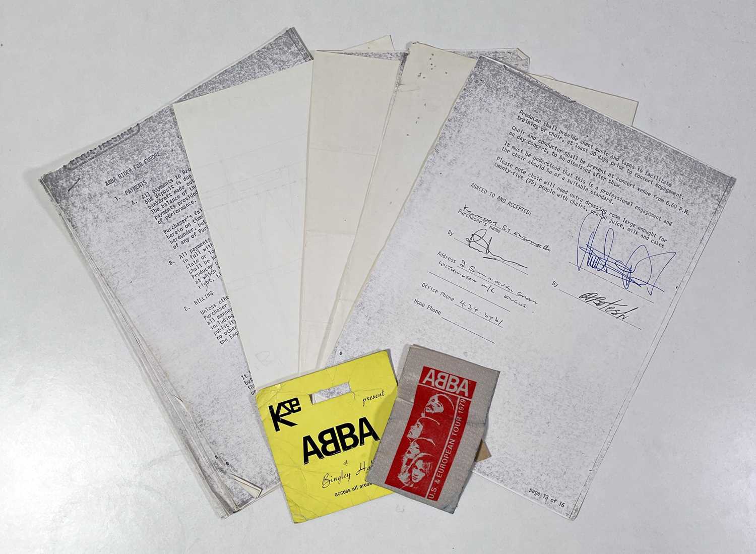 Lot 63 - CONCERT EPHEMERA - ABBA INTEREST - A SIGNED CONTRACT / 1979 STAGE PASSES.