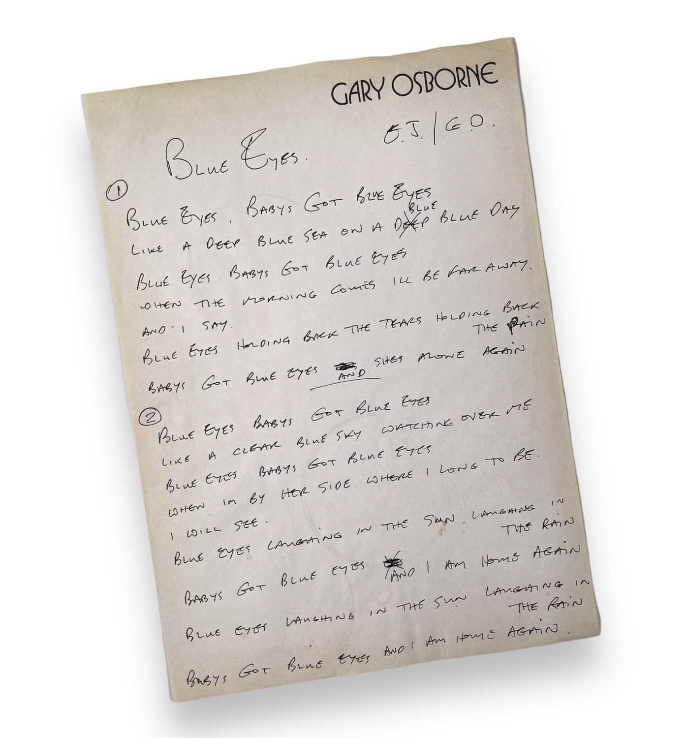 Lot 87 - ELTON JOHN / GARY OSBORNE - HANDWRITTEN LYRICS FOR 'BLUE EYES'.