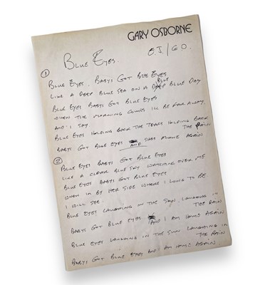 Lot 87 - ELTON JOHN / GARY OSBORNE - HANDWRITTEN LYRICS FOR 'BLUE EYES'.