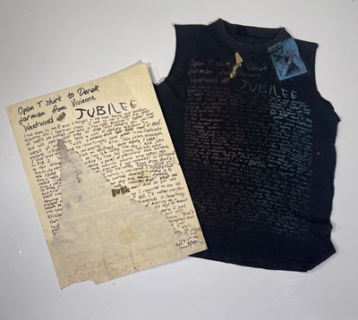 Lot 43 - PUNK HISTORY - VIVIENNE WESTWOOD / DEREK JARMAN - THE ORIGINAL HANDWRITTEN 'OPEN T-SHIRT' LETTER AND AND ORGINAL T-SHIRT.