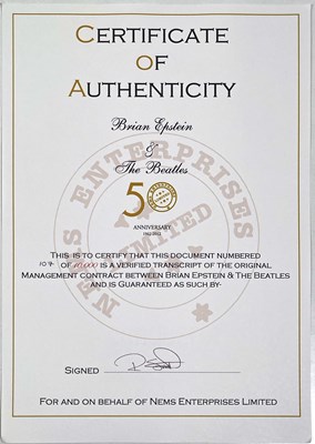 Lot 204 - THE BEATLES - LIMITED EDITION 50TH ANNIVERSARY NEMS CONTRACT FACSIMILES.