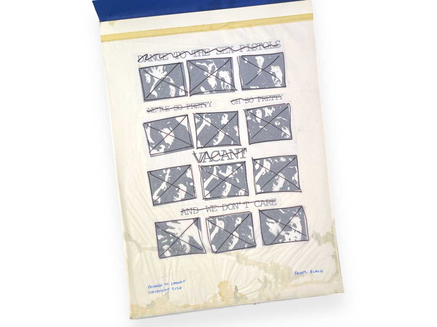 Lot 43 - BOY LONDON - JAMIE REID (1947 - 2023) - JAMIE REID DESIGNS FOR BOY LONDON - ORIGINAL PROOFS FOR SEX PISTOLS PRETTY VACANT.