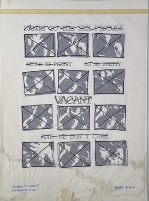 Lot 43 - BOY LONDON - JAMIE REID (1947 - 2023) - JAMIE REID DESIGNS FOR BOY LONDON - ORIGINAL PROOFS FOR SEX PISTOLS PRETTY VACANT.