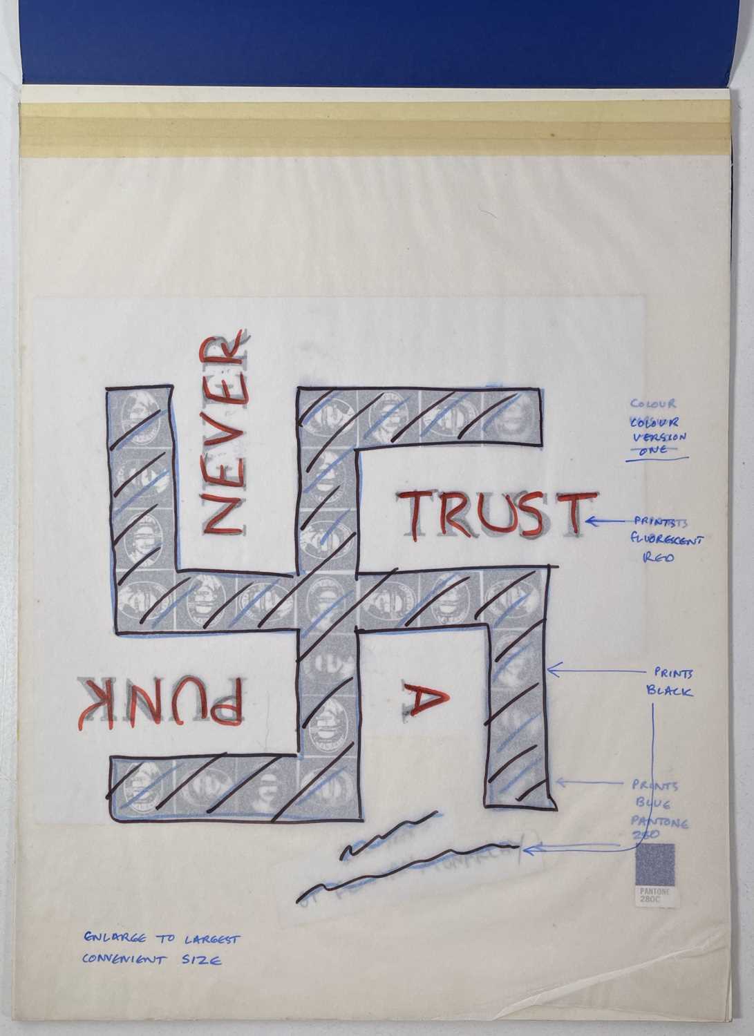 Lot 44 - BOY LONDON - JAMIE REID (1947 - 2023) - JAMIE REID DESIGNS FOR BOY LONDON - ORIGINAL PROOFS FOR NEVER TRUST A PUNK T-SHIRT.