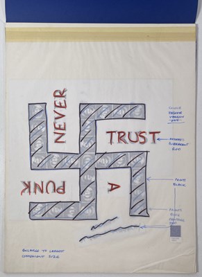 Lot 44 - BOY LONDON - JAMIE REID (1947 - 2023) - JAMIE REID DESIGNS FOR BOY LONDON - ORIGINAL PROOFS FOR NEVER TRUST A PUNK T-SHIRT.