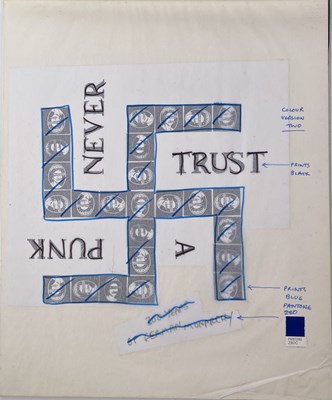 Lot 44 - BOY LONDON - JAMIE REID (1947 - 2023) - JAMIE REID DESIGNS FOR BOY LONDON - ORIGINAL PROOFS FOR NEVER TRUST A PUNK T-SHIRT.