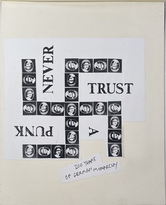 Lot 44 - BOY LONDON - JAMIE REID (1947 - 2023) - JAMIE REID DESIGNS FOR BOY LONDON - ORIGINAL PROOFS FOR NEVER TRUST A PUNK T-SHIRT.