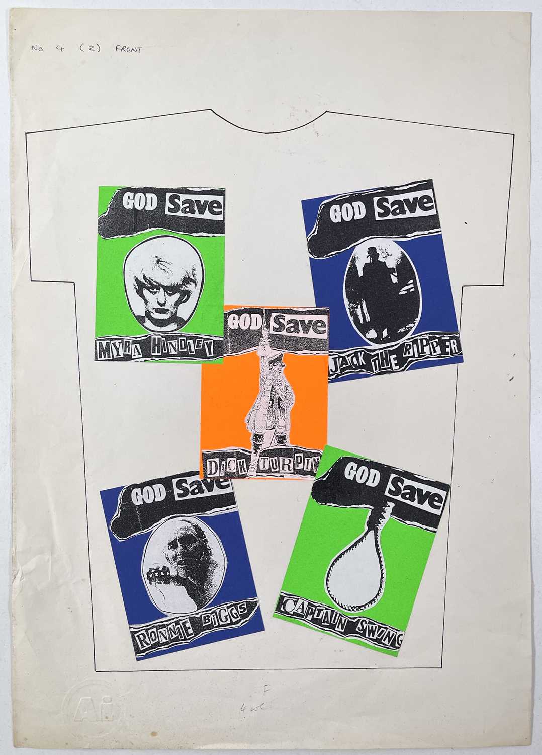 Lot 46 - BOY LONDON - JAMIE REID (1947 - 2023) - JAMIE REID DESIGNS FOR BOY LONDON - ORIGINAL PROOFS FOR T-SHIRT DESIGN - SEX PISTOLS.