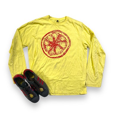 Lot 423 - THE STONE ROSES -  T-SHIRT AND IAN BROWN ADIDAS SUPERSTARS.