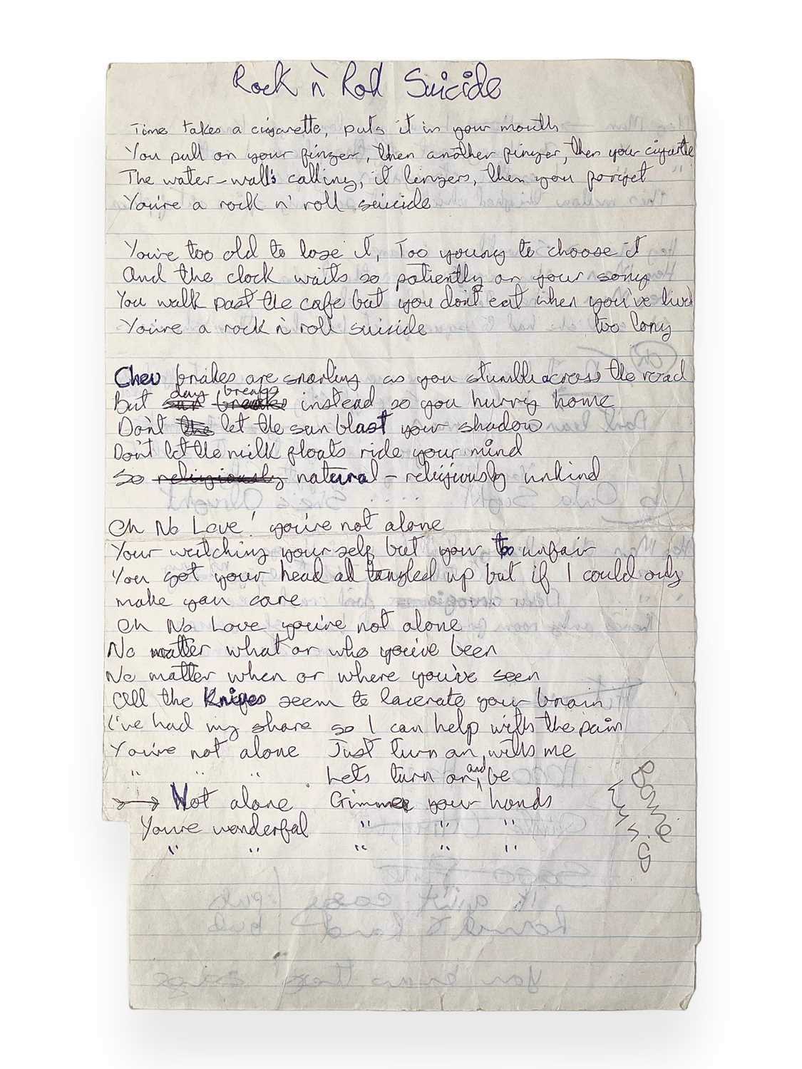 Lot 293 - DAVID BOWIE - HANDWRITTEN LYRICS FOR SUFFRAGETTE CITY / ROCK N' ROLL SUICIDE.