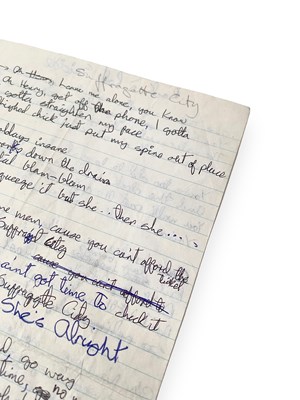 Lot 293 - DAVID BOWIE - HANDWRITTEN LYRICS FOR SUFFRAGETTE CITY / ROCK N' ROLL SUICIDE.