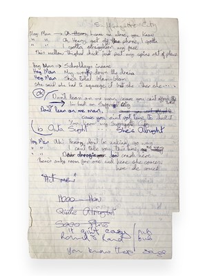 Lot 293 - DAVID BOWIE - HANDWRITTEN LYRICS FOR SUFFRAGETTE CITY / ROCK N' ROLL SUICIDE.