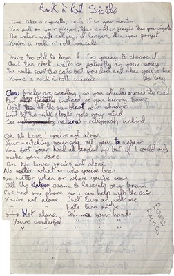 Lot 293 - DAVID BOWIE - HANDWRITTEN LYRICS FOR SUFFRAGETTE CITY / ROCK N' ROLL SUICIDE.