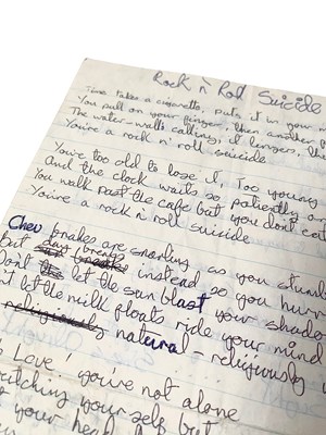 Lot 293 - DAVID BOWIE - HANDWRITTEN LYRICS FOR SUFFRAGETTE CITY / ROCK N' ROLL SUICIDE.