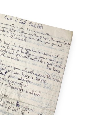 Lot 293 - DAVID BOWIE - HANDWRITTEN LYRICS FOR SUFFRAGETTE CITY / ROCK N' ROLL SUICIDE.