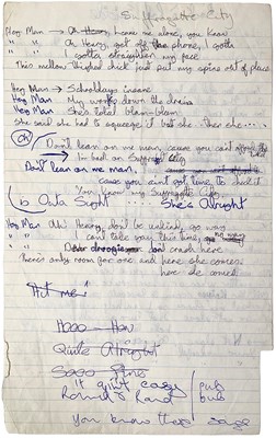 Lot 293 - DAVID BOWIE - HANDWRITTEN LYRICS FOR SUFFRAGETTE CITY / ROCK N' ROLL SUICIDE.