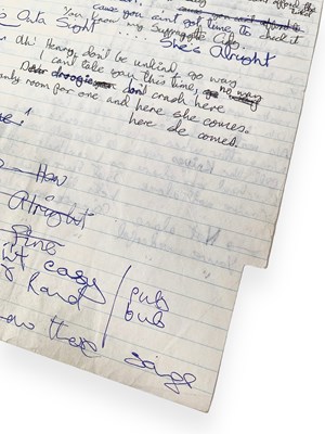 Lot 293 - DAVID BOWIE - HANDWRITTEN LYRICS FOR SUFFRAGETTE CITY / ROCK N' ROLL SUICIDE.