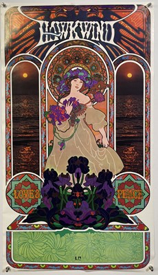 Lot 81 - HAWKWIND - BARNEY BUBBLES DESIGNED LOVE AND PEACE POSTER.