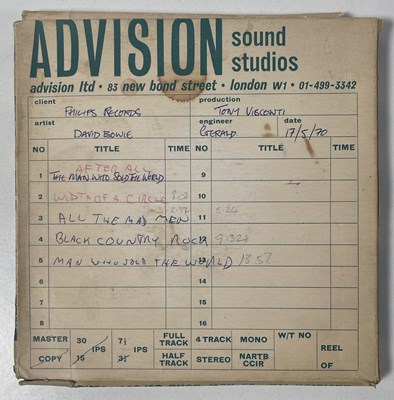 Lot 288 - DAVID BOWIE - ORIGINAL 1970 ADVISION THE MAN WHO SOLD THE WORLD TAPE REEL WITH ALTERNATE TAKES.