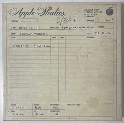 Lot 142 - THE BEATLES INTEREST - GEORGE HARRISON APPLE STUDIOS RECORDING TAPE.