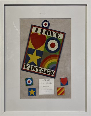Lot 67 - PETER BLAKE - SIGNED DISPLAY PIECE INC LIMITED EDITION ENAMEL BADGES.