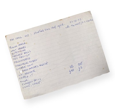 Lot 451 - MARK E SMITH / THE FALL - ORIGINAL HANDWRITTEN SET LIST FOR STRETFORD CIVIC HALL.