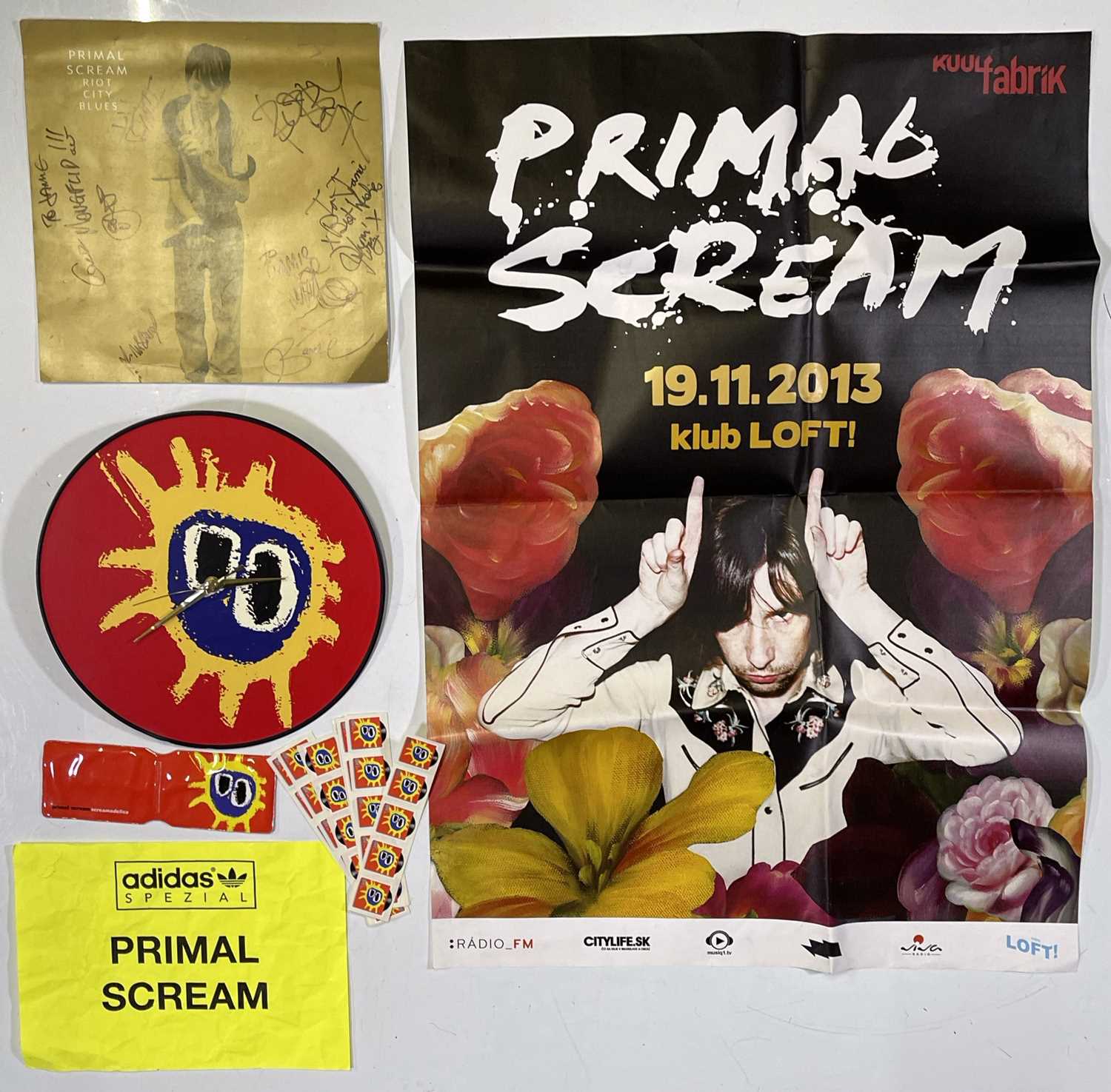 Lot 60 - PRIMAL SCREAM MEMORABILIA INC A FULLY SIGNED 'RIOT CITY BLUES' 12X12" COVER SLICK.